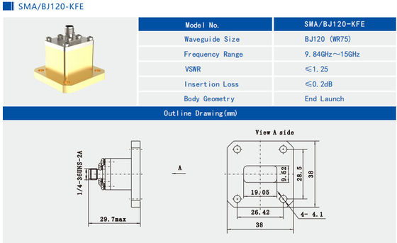9.84GHz~15GHz WR75 BJ120 To SMA Female End Launch Waveguide To Coax Adapter Brass SMA/BJ120-KFE