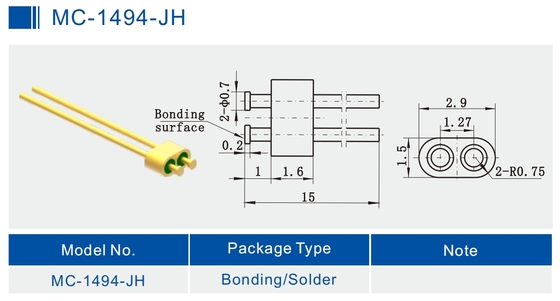 2-Pin Nail Head Glass To Metal Hermetic Seal Header With Gold Wire Bonding Surface MC-1494-JH